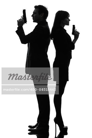 one  man detective secret agent criminal with gun in silhouette studio isolated on white background