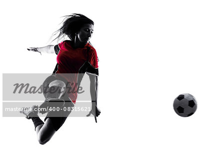 one woman playing soccer player in silhouette isolated on white background