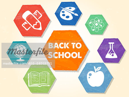back to school text with signs, colorful grunge drawn flat design hexagons labels with educational symbols, education concept