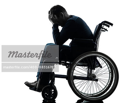 one handicapped man head in hands in silhouette studio on white background