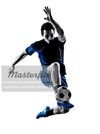 One Italian Soccer Player Man Playing Football Jumping In Silhouette White Background