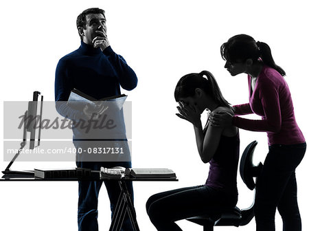 one  family father mother daughter helping homework in silhouette studio isolated on white background