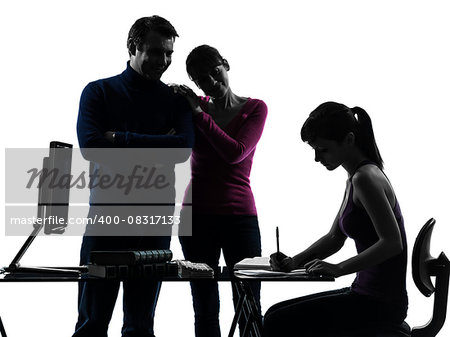 one  family father mother proud satisfaction daughter homework in silhouette studio isolated on white background
