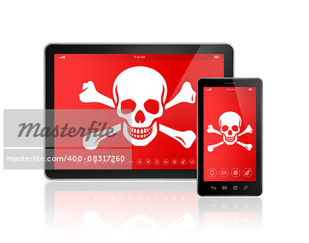 3D Digital tablet PC and smartphone with a pirate symbol on screen. Hacking concept