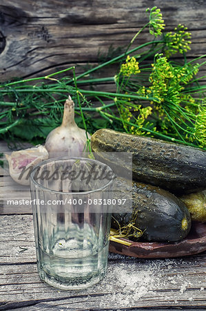 Pickled cucumbers with dill and vodka shot glass on wooden background in country style.Photo tinted.Selective focus