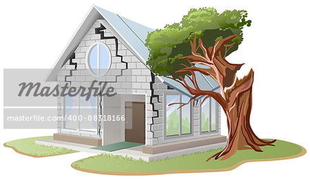 Crack in brick wall of house. Tree fell on house. Tree broke home. Illustration in vector format