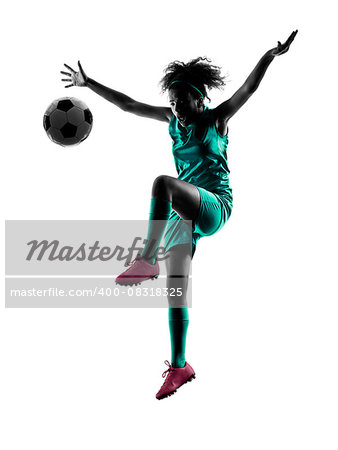 one teenager girl child  playing soccer player in silhouette isolated on white background