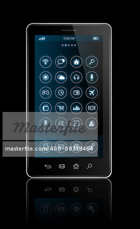 3D Smartphone with apps icons interface - isolated on black with clipping path