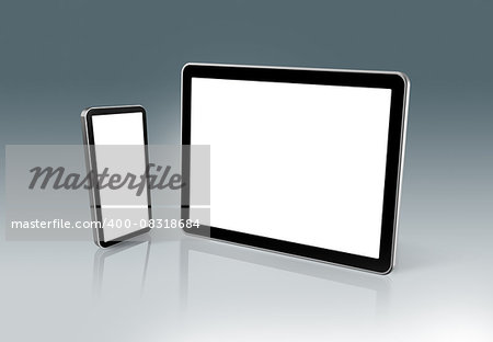 3D High Tech mobile phone and digital tablet pc - grey background