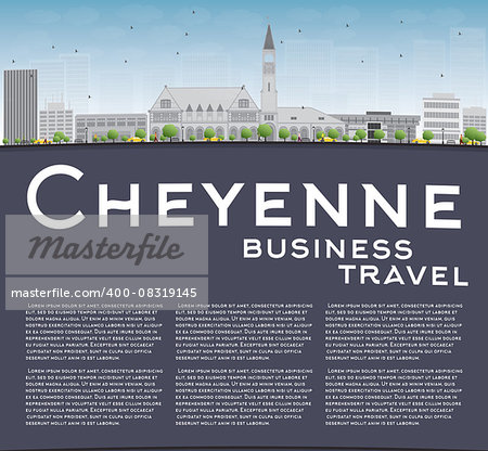 Cheyenne (Wyoming) Skyline with Grey Buildings and Blue Sky. Business travel concept. Vector Illustration