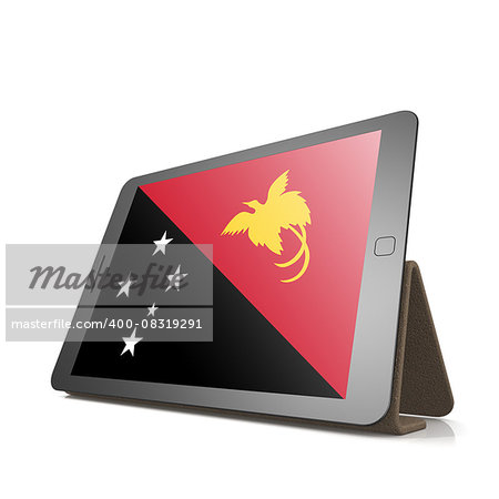 Tablet with Papua New Guinea flag image with hi-res rendered artwork that could be used for any graphic design.