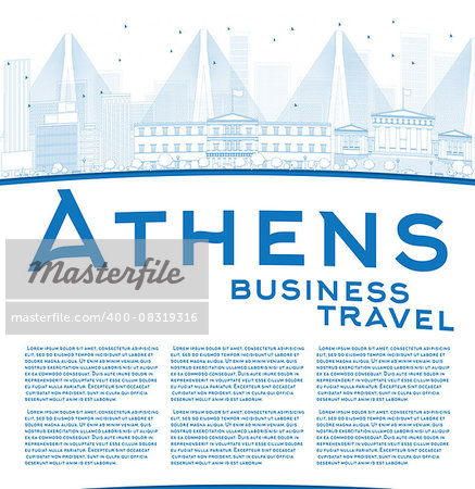 Outline Athens Skyline with Blue Buildings and copy space. Business travel concept. Vector Illustration