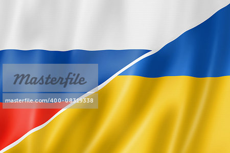 Mixed Russia and Ukraine flag, three dimensional render, illustration