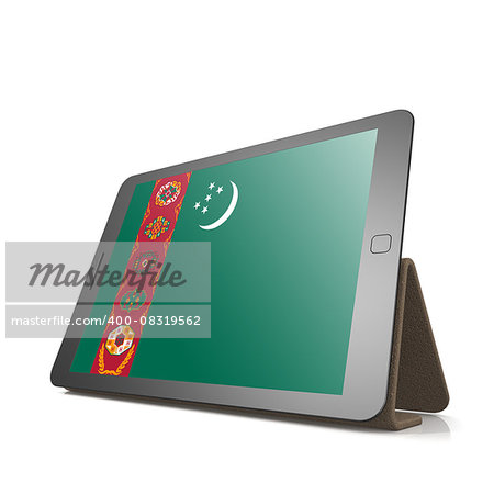 Tablet with Turkmenistan flag image with hi-res rendered artwork that could be used for any graphic design.