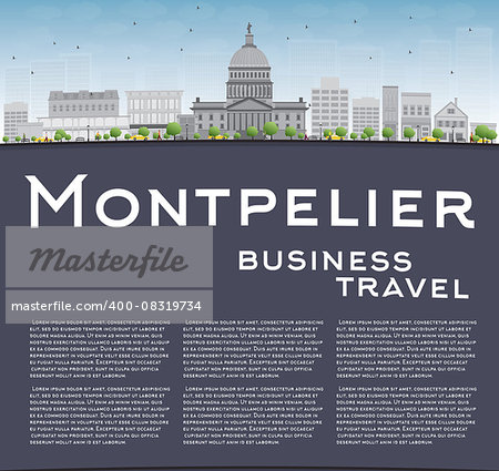 Montpelier (Vermont) city skyline with grey buildings and copy space. Business travel concept. Vector illustration