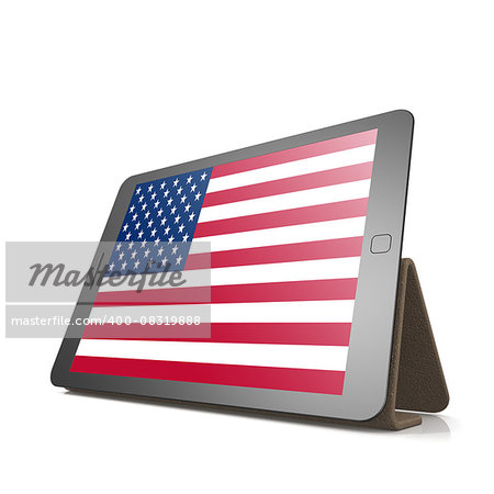 Tablet with United States flag image with hi-res rendered artwork that could be used for any graphic design.