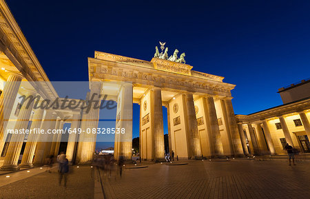 Floodlit Brandenburg Gate at night, Berlin, Germany