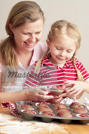 Mother with daughter baking cupcakes