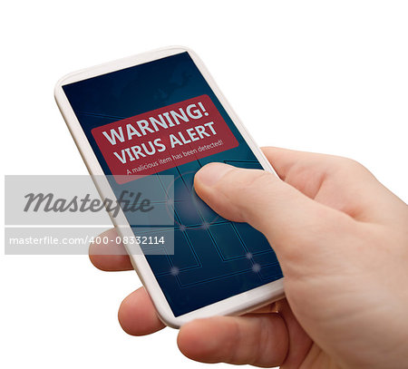 Virus Alert in Smartphone - Man's Hand With Smartphone With Warning Sign on Display - Isolated on White