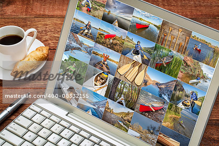 gallery  of canoe paddling pictures from Colorado, Wyoming and Utah featuring the same senior male model - reviewing and editing images on a laptop with a cup of coffee