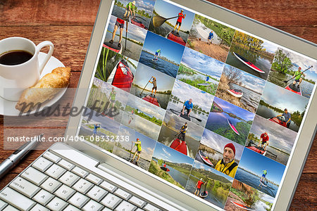 gallery  of stand up paddling pictures from Colorado featuring the same senior male model - reviewing and editing images on a laptop with a cup of coffee