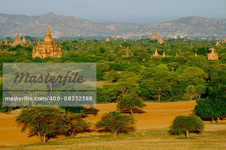 Scenic view of landscape, fields and temples in Bagan, Myanmar (Burma)