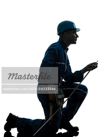 one  man construction worker silhouette in studio on white background