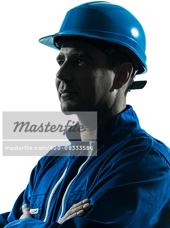 one  man construction worker smiling silhouette portrait in studio on white background