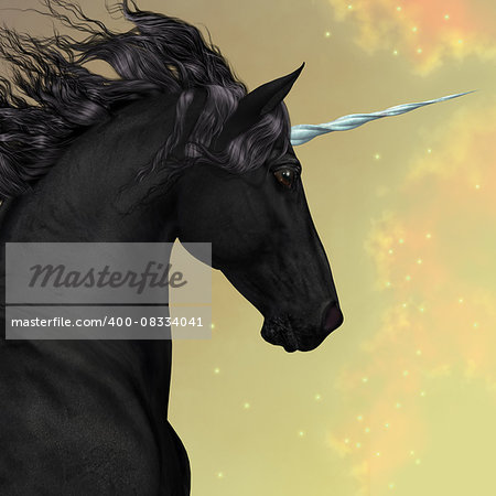 The satin black coat and mane of this buck unicorn glows under a golden starry sky.