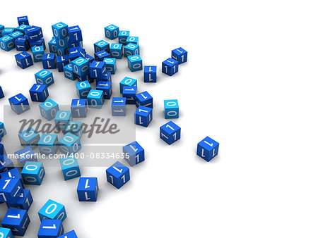 abstract 3d illustration of blue binary cubes over white background