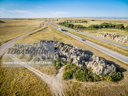 aerial view  of interstate highway I-25 in northern Colorado at Natural Fort, historical and geological landmark