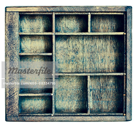 small vintage wood  case (typesetter drawer)  or shadow box with  dividers, isolated on white