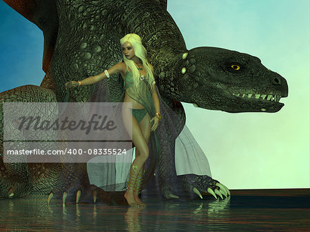 A fierce dragon with huge teeth and claws watches over a blond fairy from the magic woodlands.