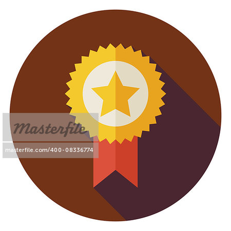 Flat Award Gold Medal Circle Icon with Long Shadow. Sport and Competition Vector Illustration. First Place Winning Object. Medal with Star and Ribbon