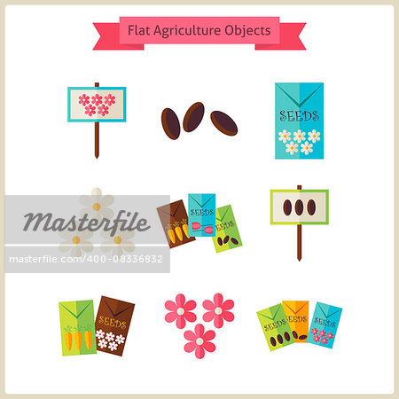 Flat Flower Agriculture Objects Set. Vector Illustration. Collection of Nature Garden Objects Isolated over white. Spring Season and Gardening Concept.