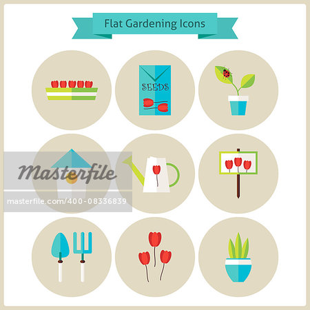 Flat Gardening and Flowers Icons Set. Flowers and Vegetables. Agriculture Vector Illustration. Collection of Nature Garden Colorful Circle Icons.