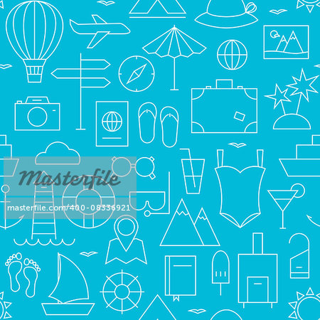 Thin Summer Holiday Line Vacation Resort Seamless Blue Pattern. Vector Travel Design and Seamless Background in Trendy Modern Line Style. Thin Outline Art