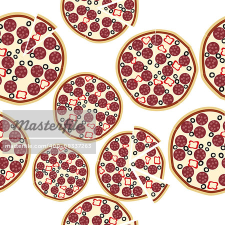 Seamless of sliced fresh salami pizza over white background