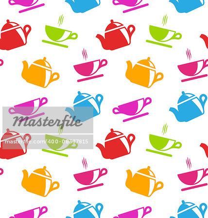 Illustration Seamless Texture with Teapots and Teacups, Colorful Wallpaper  - Vector