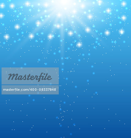 Illustration abstract blue background with sunbeams and shiny stars - vector