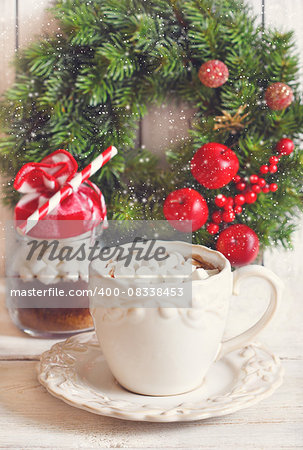 Hot chocolate with marshmallow for christmas holiday. Toned photo.