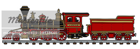 Hand drawing of a classic red american steam locomotive with a scuttle - not a real model