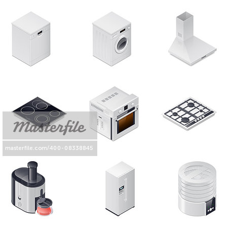 Household appliances detailed isometric icons set vector graphic illustration, part 1