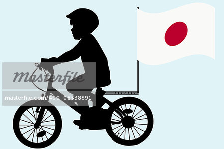 A kid silhouette rides a bicycle with Japan flag