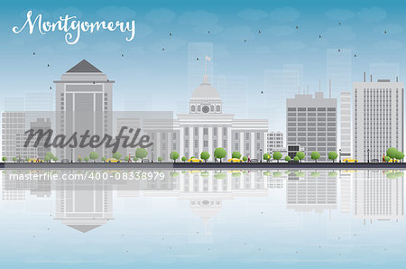 Montgomery Skyline with Grey Building, Blue Sky and reflections. Alabama. Vector Illustration