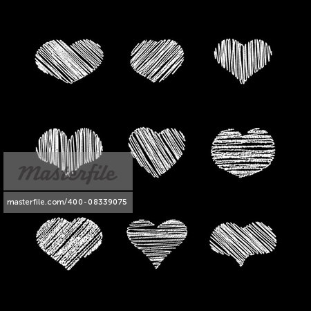 Abstract white heart shapes set. Scribble chalk retro design