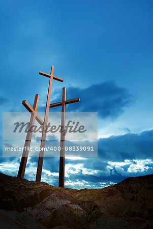 Three crosses on the mountain Golgotha representing the day of Christâ??s crucifixion