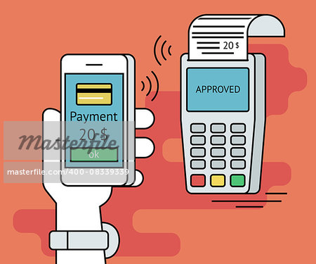 Illustration of mobile payment via smartphone. Human line contour hand holds a smartphone and doing payment by credit card wireless connecting to the payment terminal