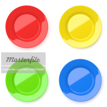 Set of empty color ceramic round plates isolated on white background