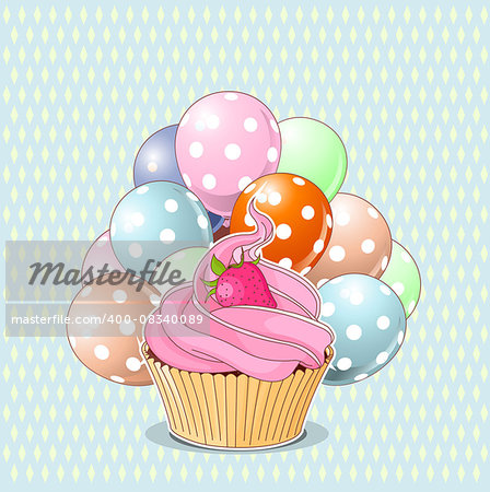 Illustration of sweet cupcake, strawberry and balloons